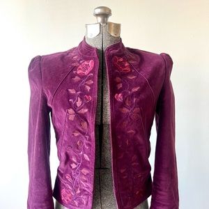 Lucky Brand “Live in Love” Burgundy Rose Patterned Puffed Sleeved Velvet Jacket